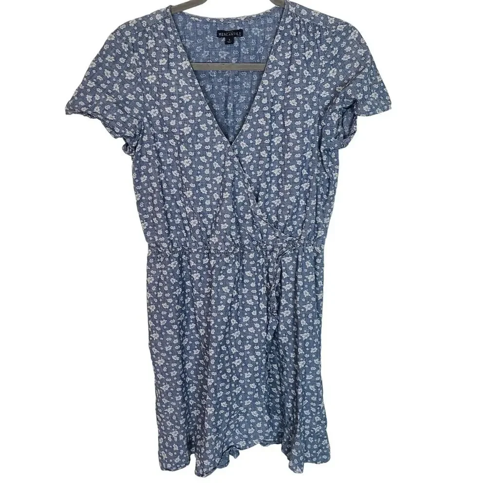 J. Crew Womens Floral Chambray Surplice Mini Dress Size S Ruffle Hem Preppy Tie